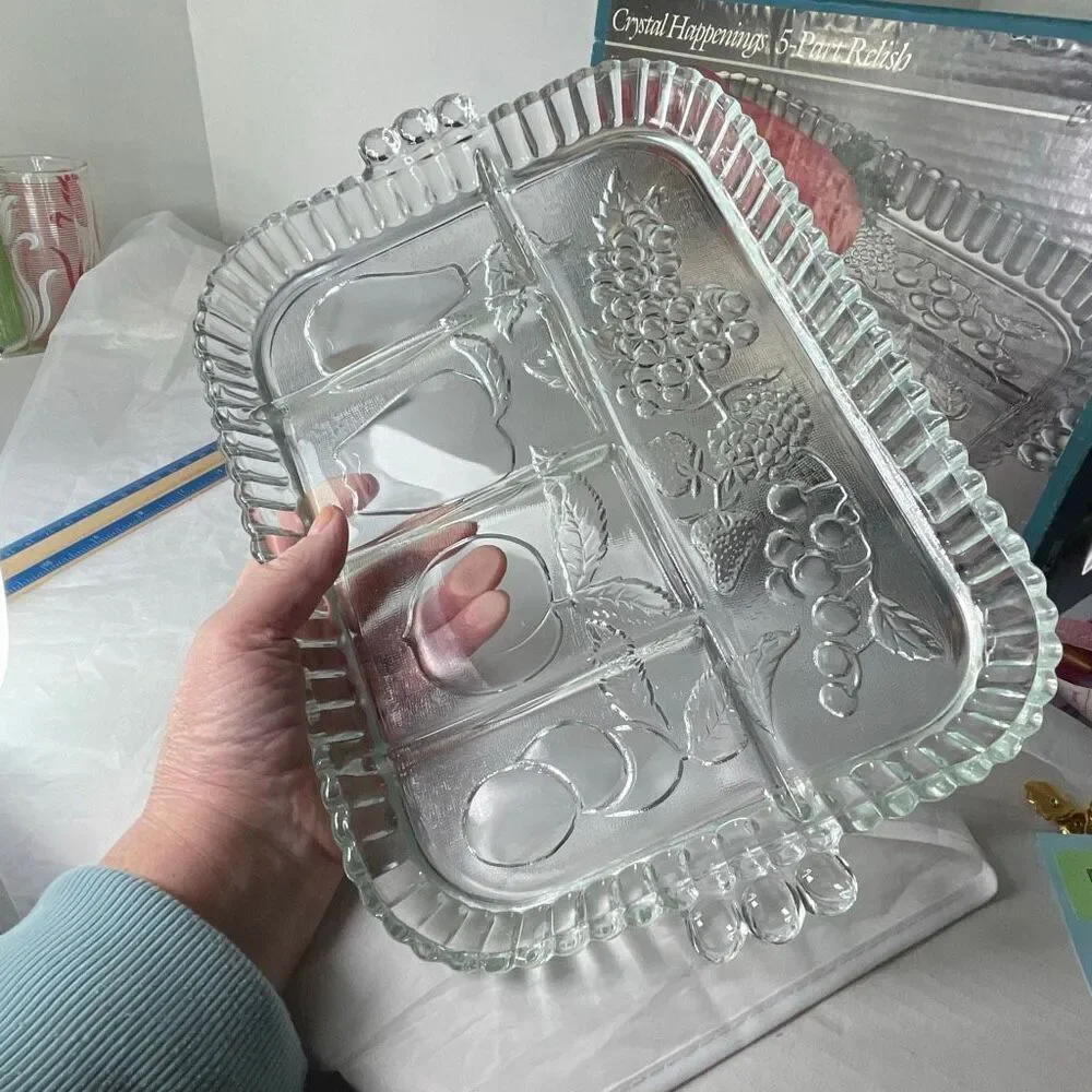 Vintage Indiana glass Crystal Happenings 5 part relish tray veggies fruit